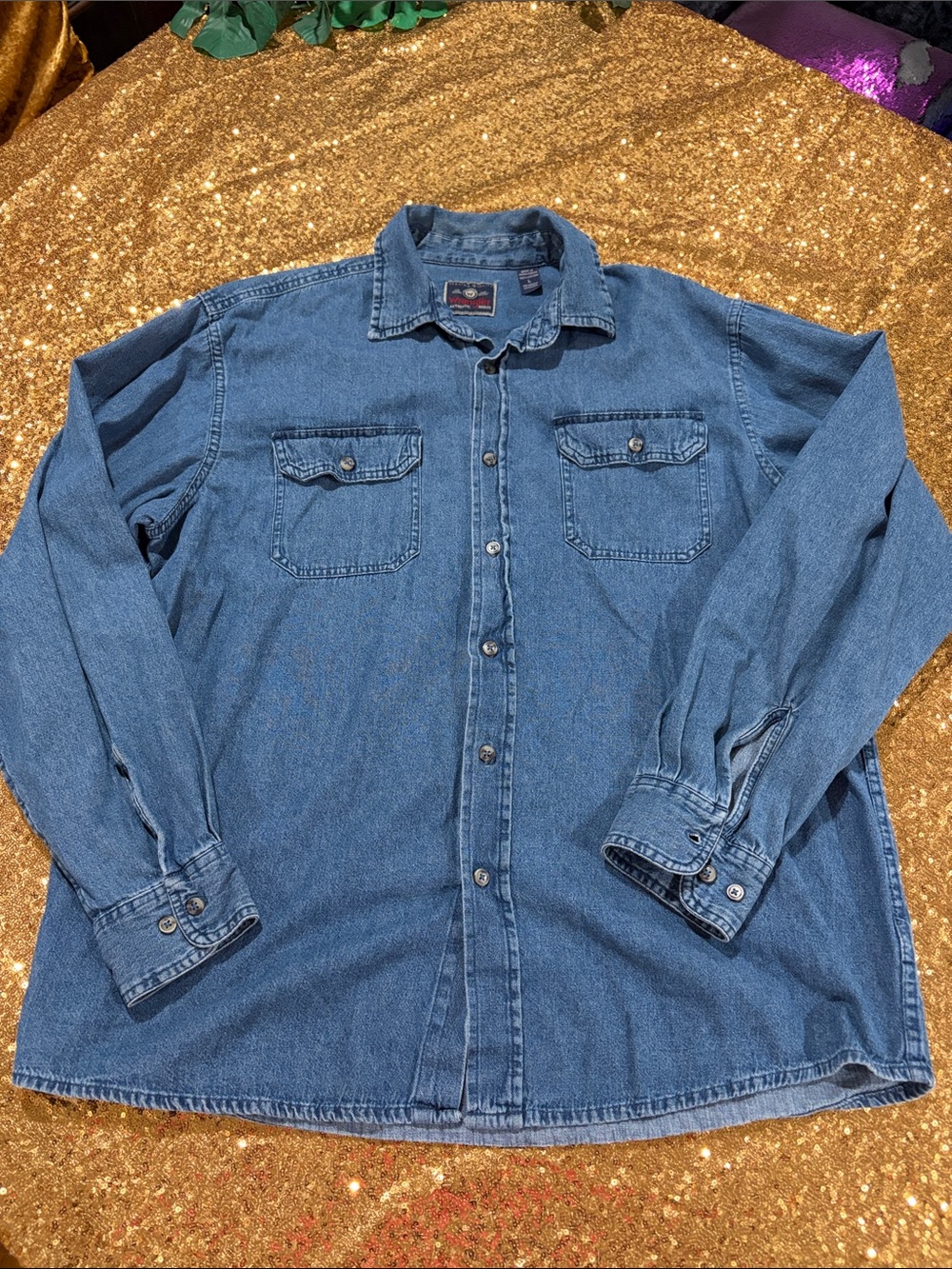 Wrangler Denim Button-Down Shirt in Blue